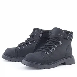 Gerçek Kürklü Hakiki Deri Siyah Nubuk Bağcıklı Fermuarlı Çocuk Kar Botu