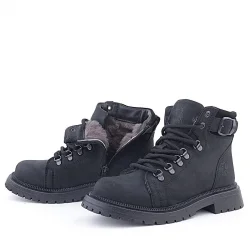 Gerçek Kürklü Hakiki Deri Siyah Nubuk Bağcıklı Fermuarlı Çocuk Kar Botu