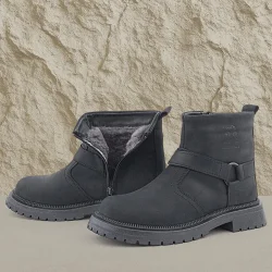Gerçek Kürklü Hakiki Deri Siyah Nubuk Fermuarlı Çocuk Bot