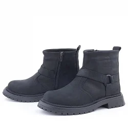 Gerçek Kürklü Hakiki Deri Siyah Nubuk Fermuarlı Çocuk Bot