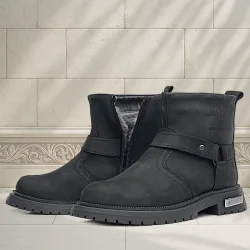 Gerçek Kürklü Hakiki Deri Siyah Nubuk Metal Detaylı Fermuarlı Çocuk Bot