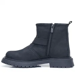 Gerçek Kürklü Hakiki Deri Siyah Nubuk Metal Detaylı Fermuarlı Çocuk Bot