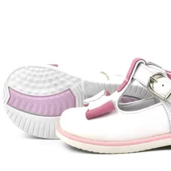 Hakiki Deri Beyaz Pembe Fiyonklu Kız Bebek Çocuk Sandalet Ayakkabı