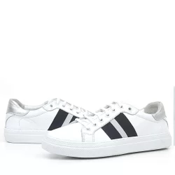 Hakiki Deri Beyaz Siyah Desenli Kadın Sneaker Ayakkabı