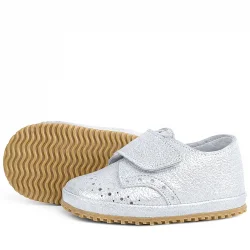 Hakiki Deri Gümüş Gri Cırtlı Bebek Patik Ayakkabı