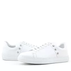 Hakiki Deri Kadın Beyaz Bağcıklı Yıldızlı Sneaker Ayakkabı