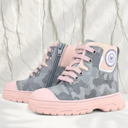 Hakiki Deri Pixel Gri Pudra Kamuflaj Desenli Kız Çocuk Bot