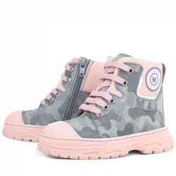 Hakiki Deri Pixel Gri Pudra Kamuflaj Desenli Kız Çocuk Bot