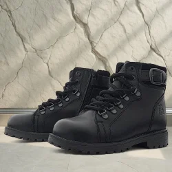 Hakiki Deri Siyah Gerçek Kürklü Bağcıklı Fermuarlı Çocuk Botu