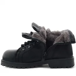 Hakiki Deri Siyah Gerçek Kürklü Bağcıklı Fermuarlı Çocuk Botu