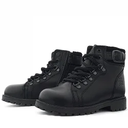 Hakiki Deri Siyah Gerçek Kürklü Bağcıklı Fermuarlı Çocuk Botu