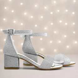 Lilo Simli Gümüş Tek Bantlı Kız Çocuk Topuklu Abiye Ayakkabı