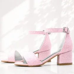 Lilo Simli Pembe Tek Bantlı Kız Çocuk Topuklu Abiye Ayakkabı