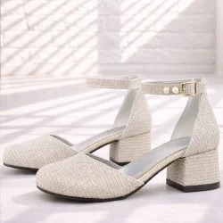 Merida Gold Simli Kalın Topuklu İnci Detaylı Kız Çocuk Topuklu Ayakkabı