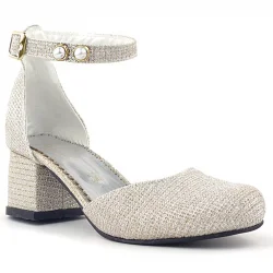 Merida Gold Simli Kalın Topuklu İnci Detaylı Kız Çocuk Topuklu Ayakkabı