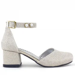 Merida Gold Simli Kalın Topuklu İnci Detaylı Kız Çocuk Topuklu Ayakkabı