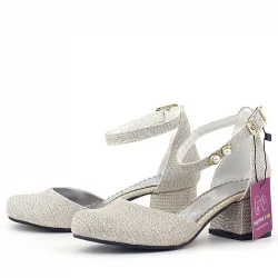 Merida Gold Simli Kalın Topuklu İnci Detaylı Kız Çocuk Topuklu Ayakkabı