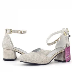 Merida Gold Simli Kalın Topuklu İnci Detaylı Kız Çocuk Topuklu Ayakkabı