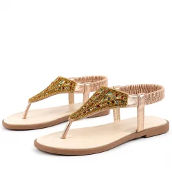 Parlak Gold Taşlı Lastikli Kadın Sandalet