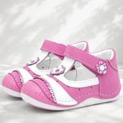 Pembe Pullu Hakiki Deri Cırtlı Yazlık Kız Bebek Ayakkabı