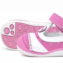 Pembe Pullu Hakiki Deri Cırtlı Yazlık Kız Bebek Ayakkabı