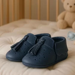 Peppa Hakiki Deri Lacivert Püsküllü Lastikli Bebek Patik
