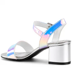 Pony Hologram Gümüş-Pembe Kalın Topuklu Kız Çocuk Abiye Ayakkabı