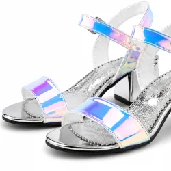 Pony Hologram Gümüş-Pembe Kalın Topuklu Kız Çocuk Abiye Ayakkabı