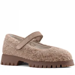 Rakerplus Bej Cırtlı Kalın Tabanlı Kız Çocuk Pofuduk Peluş Babet Ayakkabısı