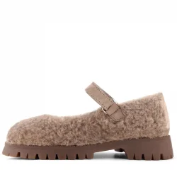 Rakerplus Bej Cırtlı Kalın Tabanlı Kız Çocuk Pofuduk Peluş Babet Ayakkabısı