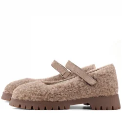 Rakerplus Bej Cırtlı Kalın Tabanlı Kız Çocuk Pofuduk Peluş Babet Ayakkabısı