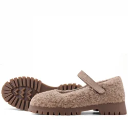 Rakerplus Bej Cırtlı Kalın Tabanlı Kız Çocuk Pofuduk Peluş Babet Ayakkabısı