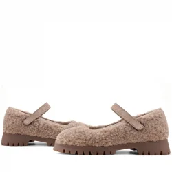 Rakerplus Bej Cırtlı Kalın Tabanlı Kız Çocuk Pofuduk Peluş Babet Ayakkabısı