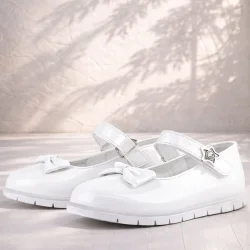 Rakerplus Beyaz Rugan Fiyonklu Yıldız Detaylı Cırtlı Kız Çocuk Babet