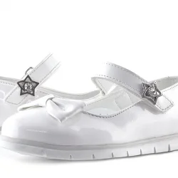 Rakerplus Beyaz Rugan Fiyonklu Yıldız Detaylı Cırtlı Kız Çocuk Babet