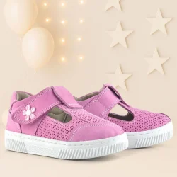 Rakerplus Bheem Hakiki Deri Pembe Cırtlı Çiçek Detaylı Bebek Sandalet