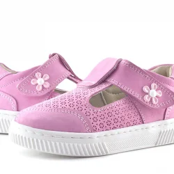 Rakerplus Bheem Hakiki Deri Pembe Cırtlı Çiçek Detaylı Bebek Sandalet