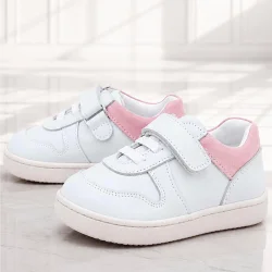Rakerplus Bob Hakiki Deri Beyaz Nubuk Pembe Cırtlı Bebek Sneaker Ayakkabı
