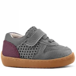 Rakerplus Bob Hakiki Deri Gri Bordo Barefoot Cırtlı Lastikli Bebek Sneaker Ayakkabı