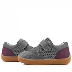 Rakerplus Bob Hakiki Deri Gri Bordo Barefoot Cırtlı Lastikli Bebek Sneaker Ayakkabı