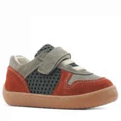 Rakerplus Bob Hakiki Deri Gri Yeşil Barefoot Cırtlı Lastikli Bebek Sneaker Ayakkabı