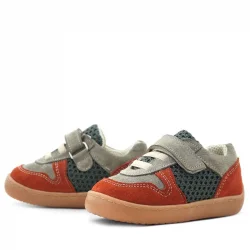 Rakerplus Bob Hakiki Deri Gri Yeşil Barefoot Cırtlı Lastikli Bebek Sneaker Ayakkabı