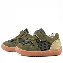 Rakerplus Bob Hakiki Deri Haki Yeşil Barefoot Cırtlı Lastikli Bebek Sneaker Ayakkabı