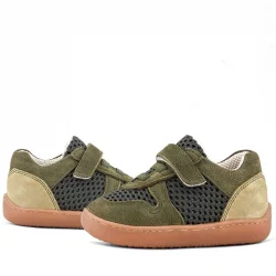 Rakerplus Bob Hakiki Deri Haki Yeşil Barefoot Cırtlı Lastikli Bebek Sneaker Ayakkabı