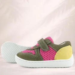 Rakerplus Bob Hakiki Deri Haki Yeşil Pembe Barefoot Cırtlı Lastikli Bebek Sneaker Ayakkabı