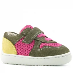 Rakerplus Bob Hakiki Deri Haki Yeşil Pembe Barefoot Cırtlı Lastikli Bebek Sneaker Ayakkabı