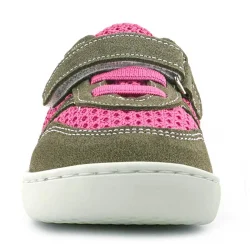 Rakerplus Bob Hakiki Deri Haki Yeşil Pembe Barefoot Cırtlı Lastikli Bebek Sneaker Ayakkabı