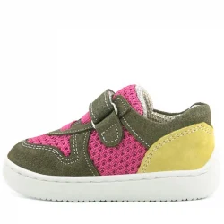 Rakerplus Bob Hakiki Deri Haki Yeşil Pembe Barefoot Cırtlı Lastikli Bebek Sneaker Ayakkabı