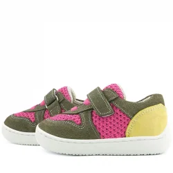 Rakerplus Bob Hakiki Deri Haki Yeşil Pembe Barefoot Cırtlı Lastikli Bebek Sneaker Ayakkabı