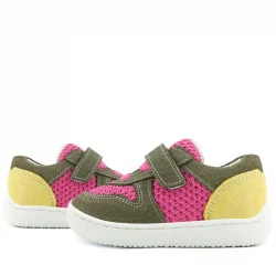 Rakerplus Bob Hakiki Deri Haki Yeşil Pembe Barefoot Cırtlı Lastikli Bebek Sneaker Ayakkabı